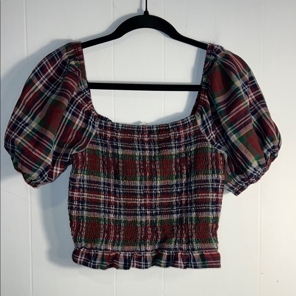 American Eagle Plaid Crop Top Blouse Puffed Sleeves Z7 50725